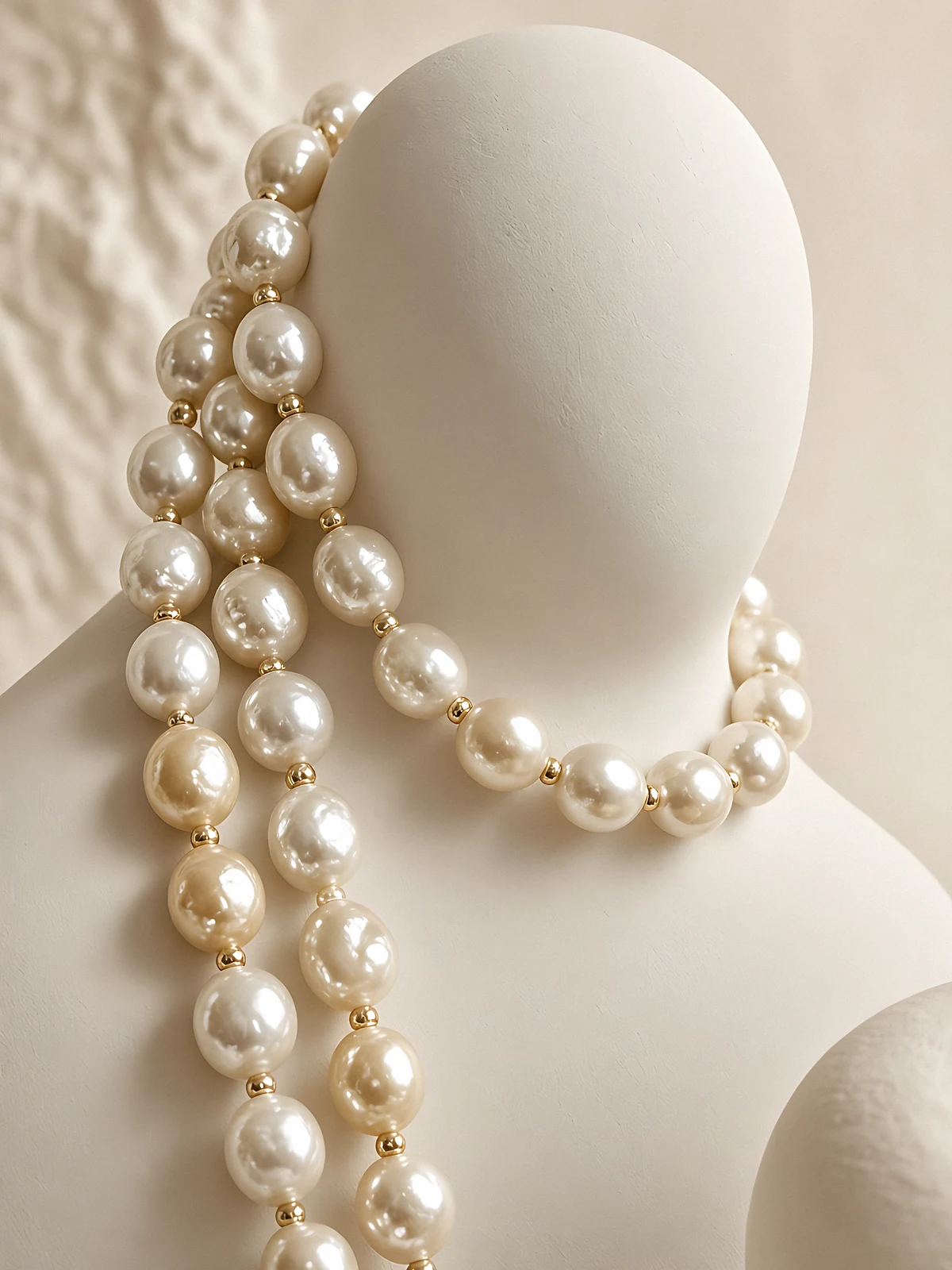 Oversized pearl strands and a pearl choker draped on an ivory sculptural stand